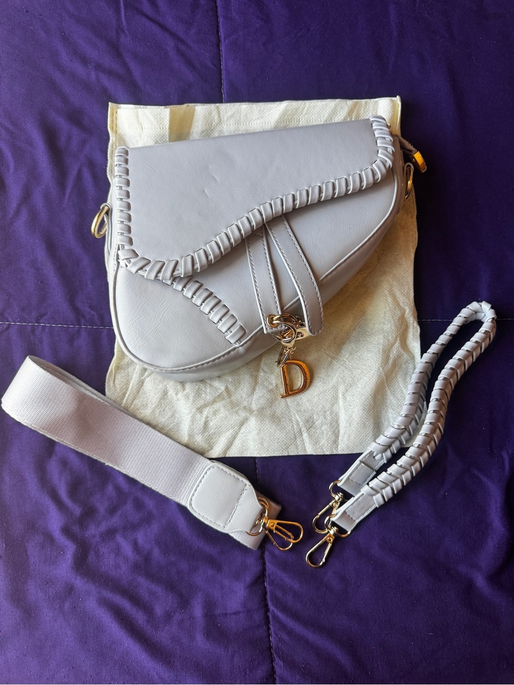 Saddle-Style Women’s Crossbody Bag in Light Gray with Gold Hardware NWOT